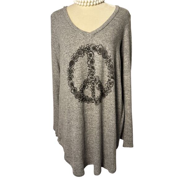 Woodstock Tops - Gray Woodstock Long Sleeve Tunic With Bicycle Themed Peace Sign Size: Large